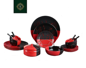 Handmade Red & Black Stoneware Dinnerware Set | Bamboo Design (19 pcs)