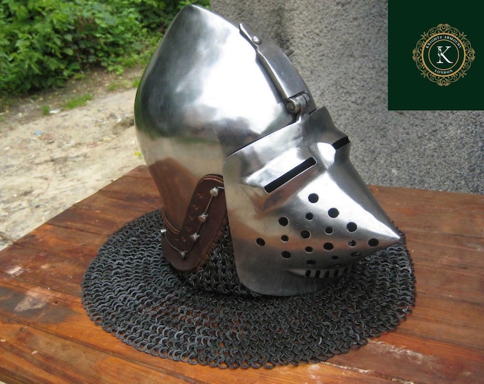 Antique Hounskull Bascinet Helmet, 18-Gauge Steel Knight Armor