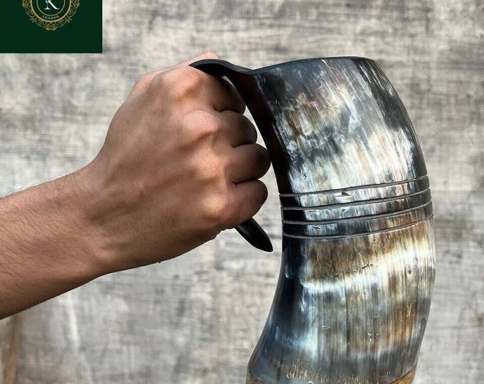 Handmade Viking Drinking Horn Mug – 16oz Medieval Beer Tankard