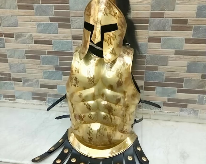 Antique Roman Muscle Armor Set | Brass Helmet, Plume | Adult Costume
