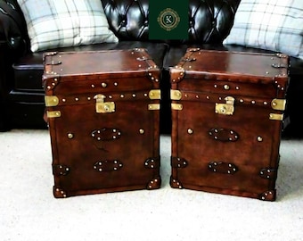 Leather Trunk Side Table Pair | English Antique Storage Chest