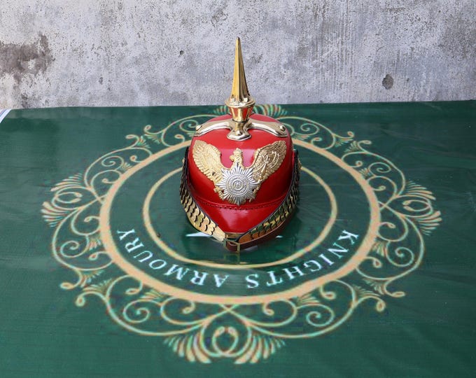 Red German Pickelhaube Helmet | Prussian Spiked Leather, Brass Accent