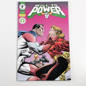 May include: Comic book cover featuring a red, white, and blue superhero fighting a red and gold superhero. The cover title is "Will to Power vs."