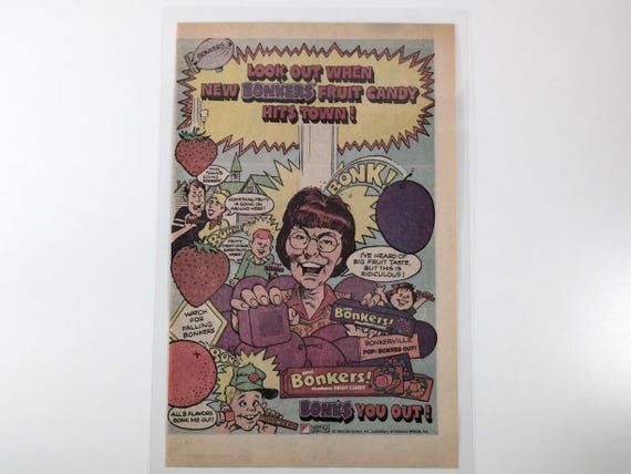 Bonkers Fruit Candy 1984 Vintage Laminated Retro Comic Style Ad