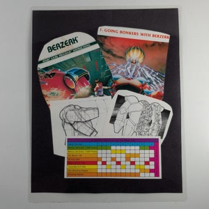 May include: A black and white image of a robot with the text "I. GOING BONKERS WITH BERZERK" on a white background. The image is surrounded by other images and text, including a game program instruction sheet for the game "Berzerk".