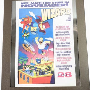 May include: A Wizard magazine cover featuring a colorful illustration of The Simpsons characters, including Bart, Homer, and Lisa, flying through the air. The cover text reads "Hey, Man! Hot Stuff in November!" and "Wizard: The Guide to Comics".