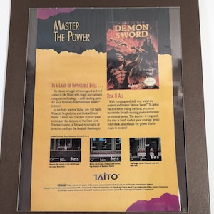 Demon Sword NES Ad - Vintage 1989 Taito Ad - Nintendo Entertainment System - Laminated in Cardboard Frame - Game Memorabilia Wall Hang