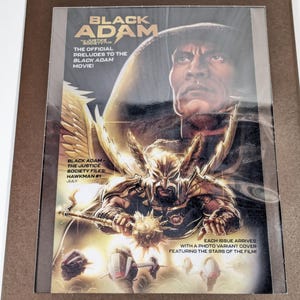 May include: A comic book cover featuring Black Adam, a superhero with golden wings and a golden helmet, holding a staff. The cover also features the text "Black Adam" and "The Justice Society Files: Hawkman #1".