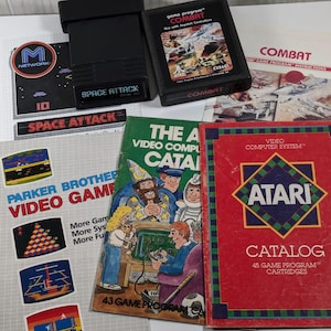 Space Attack & Combat Atari 2600 Game Lot w/ Manuals/Instructions + 3 Vintage Atari Catalogs Classic Video Game Combined Shipping