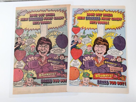 Bonkers Fruit Candy 1984 Vintage Laminated Retro Comic Style Ad
