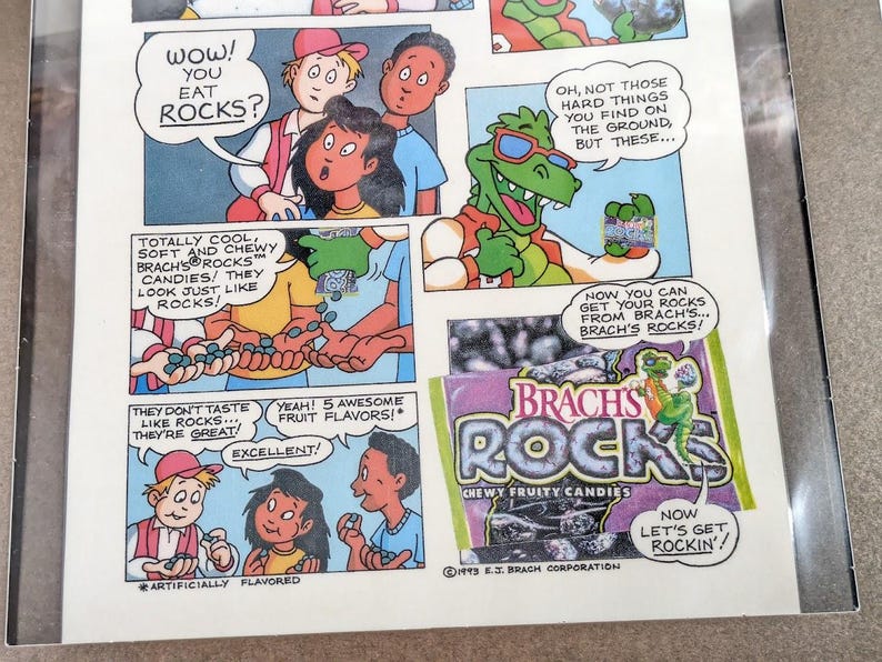 Comic Rocks Candy 1993 Brach's Rocks Ad, Laminated Vintage Candy Promo, Framed Dinosaur ...