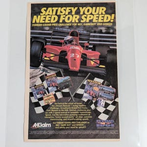 Ferrari Grand Prix Challenge NES, Game Boy, Genesis Ad 1990s Video Game Promo Laminated Print, Acclaim Flying Edge Decor Vintage Wall Hang