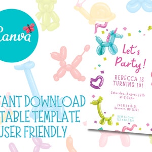 May include: Editable birthday party invitation template with a colorful balloon animal theme. The invitation features a unicorn, giraffe, butterfly, and other balloon animals. The text on the invitation reads "Let's Party! Rebecca is turning 10!" with details for the party date, time, location, and RSVP information.