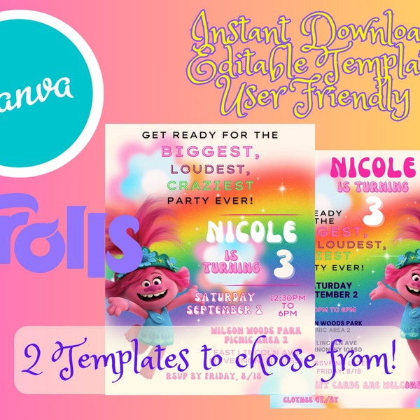 Editable* Trolls Digital Invitation, Trolls Birthday, Invitation Template, Girl Birthday, Princess Birthday, Princess Poppy