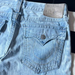 SICK! Vtg 200s TRUE RELIGION Jeans Made in U.S.A. Size 36W Flare Leg Bootcut Stonewash Flap Pocketd