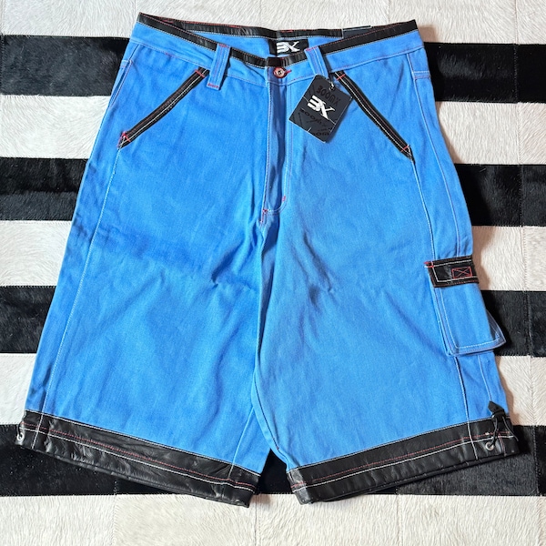 Vtg y2k Late 90s Denim Cargo Shorts BOOM-X Baggy Hip Hop GIRBAUD-style Rave Oversized Size 34 14.25” Inseam