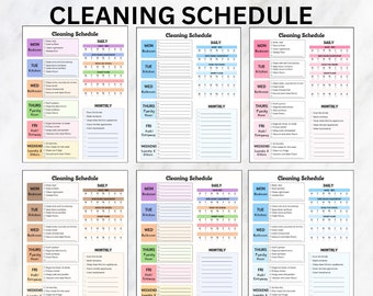 May include: Printable cleaning schedule templates in four different colors. The templates are 8.5 x 11 inches and include sections for daily, weekly, and monthly cleaning tasks. The templates are pre-filled with cleaning tasks and can be filled in by hand.
