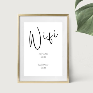 May include: A printable sign with a gold frame that says "Wifi" in cursive. The sign also includes the text "Network" and "Password" with the code "123456" below each.