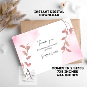 May include: Pink thank you card with watercolor background and a leafy branch design. The text reads "Thank you for celebrating with us on our special day Sandra & Charles". The card comes in two sizes: 7x5 inches and 6x4 inches.