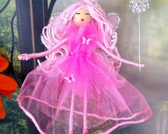 Pink Fairy Figurine, Mini Princess Fairy Doll, Handmade Collectible Fairy, Hanging Fairy Figurine Elf, Fantasy Object, Lovely Keepsake  Gift