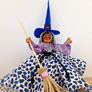Kitchen WITCH Doll, Halloween Witch,  Blue Witch Hat, Good Luck Witch Doll, Hanging Witch On Broom, Flying Hanging Witch, Home Spirit Doll