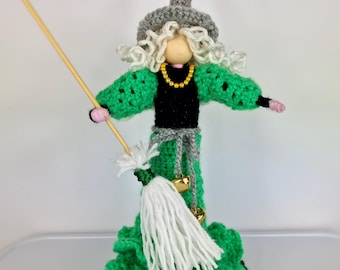 Witch Doll,Kitchen Witch - Decoration,Handmade Doll,Knitted Witch,Witch Gold Necklace,Home Peace Keeper,Bringer Of Happiness,Gift For Friend
