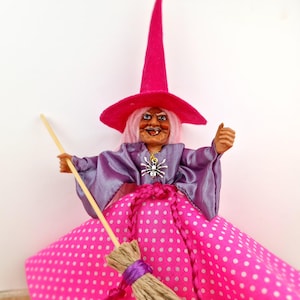 New Home Gift Kitchen Witch, Good luck KITCHEN WITCH DOLL, Pink Witch Figurine, Flying Hanging Witch,Collecteble Witch Doll,Witch With Broom