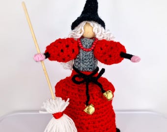 Funny Witch Doll, Good Luck Kitchen Witch, Handmade Doll, Hag With Broom,Red Witch Necklace,Witch Doll With Bells,Bringer Of Happiness Gift