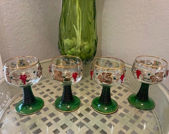 Rare Vintage, made in Germany, Roemer wine glasses w/ Swarovski crystals, green beehive stems.