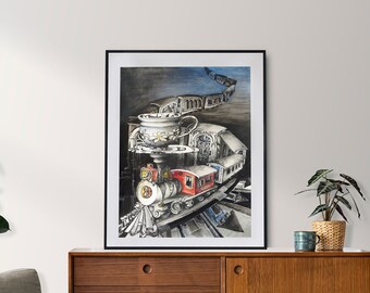 Train Journey, 18x24in/45.7x61cm. Original Hand Drawing, Black ink, nib and brush. Fine Art Wall Decor, Gothic, Steampunk, Surreal