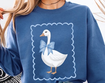 Vintage Goose Sweatshirt Retro Goose Sweater Cute Cottagecore Gift For Goose Lover Funny Blue Ribbon Goose Crewneck Cozy Farm Animal Sweater