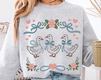 Vintage Goose Sweatshirt Retro Goose Sweater Cute Cottagecore Gift For Goose Lover Funny Blue Ribbon Goose Crewneck Cozy Farm Animal Sweater