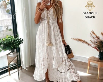 Off Shoulder V-Neck White Lace Elegant Summer Dress | Boho Lace Pattern Dress Attractive Beach Sundress Gift