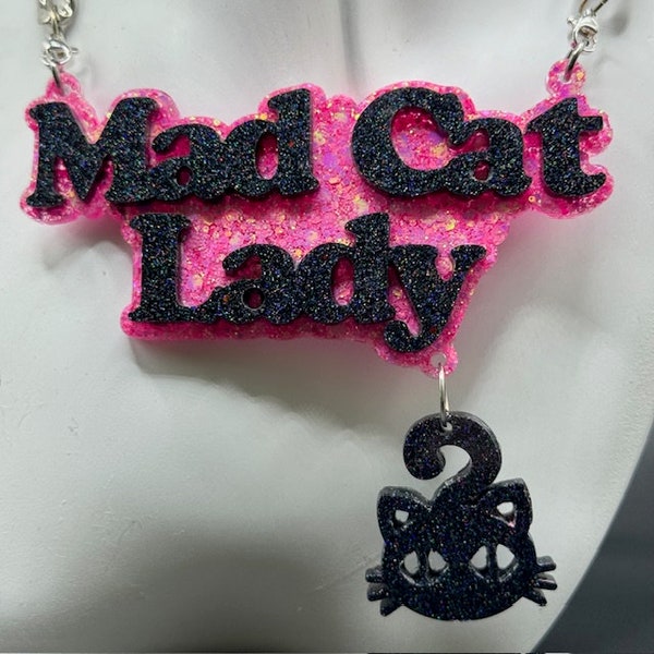 Chunky Statement Resin Necklace, MAD CAT LADY, Cat Jewellery, Handmade Wearable Art, Festival Fashion, Designer, Jewellery for Ravers