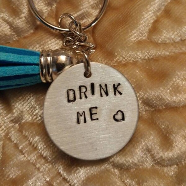 Drink me keychain Alice in Wonderland hammered aluminium gift present white rabbit innuendo dirty Valentine Jefferson airplane mad hatter