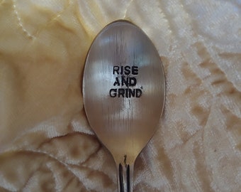 Rise and Grind hand stamped teaspoon gift under 10 anniversary engagement wedding present coffee drinker co-worker gift