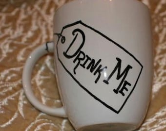 Drink Me Alice in Wonderland Tag Mug Hand Painted custom gift coffee mug