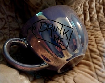 Drink Me eat me Alice in Wonderland opalescent purple teaset