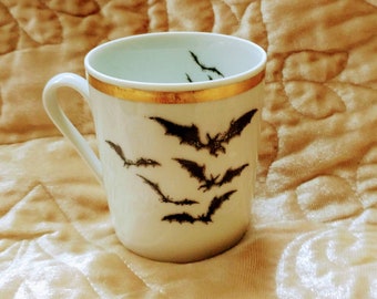 Bat Dracula vampire Halloween demitasse upcycled vintage teacup espresso gift gold goth kitchen coffee