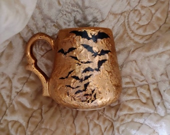 Bat Dracula vampire Halloween upcycled vintage teacup espresso gift gold goth kitchen coffee keep Texas weird textured 60s cup