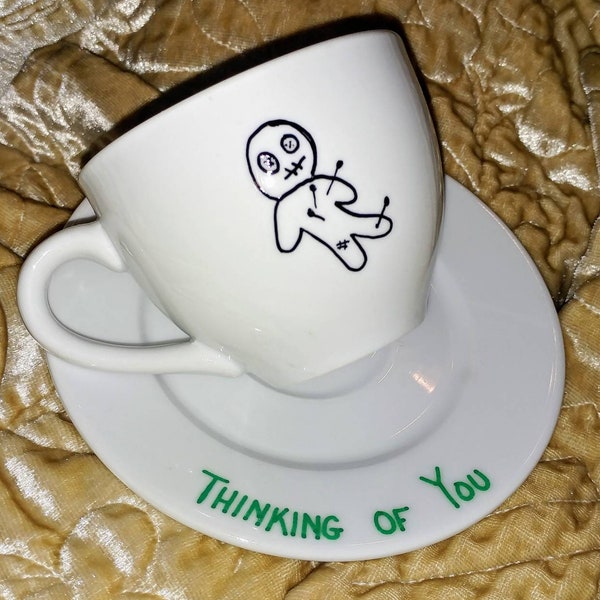 Thinking of you voodoo doll zombie tea cup and saucer altered china teacup lovely cups gift custom personalized present goth gift fuck cup