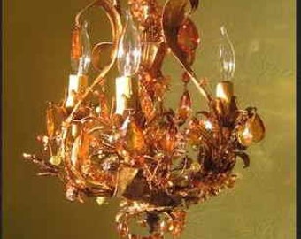 Custom made vintage woodland gold glitter chandelier modern goth maximalist forest glam hanging light upcycled