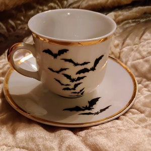 Bat Dracula vampire Halloween cappuccino upcycled vintage teacup espresso gift gold goth kitchen coffee keep Texas weird cup and saucer