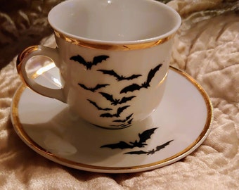 Bat Dracula vampire Halloween cappuccino upcycled vintage teacup espresso gift gold goth kitchen coffee keep Texas weird cup and saucer