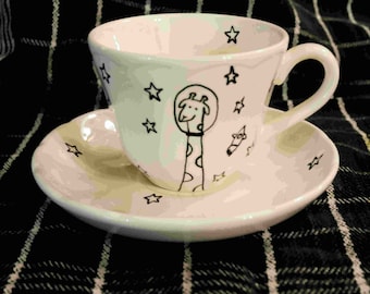 Custom Cute Giraffe Astronaut Teacup Mug Set Star and Moon