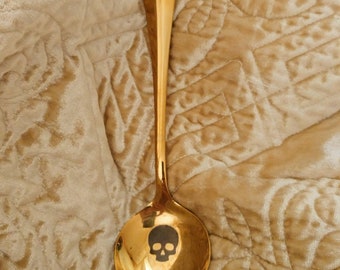 Gold skull spoon small black tea spoon grays anatomy illustration  skull goth gift spoon skeleton gold tone flatware