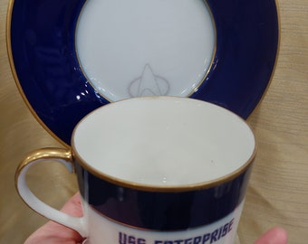 USS Enterprise Star Trek Custom Teacup Cup and Saucer Blue and Gold George Takei Jean-Luc Picard Trekkie Trekker Earl Grey Hot captain Sulu