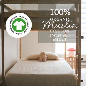 3-Piece Bedding Sheet Set, Cotton Muslin - Certified Organic by Gots, Breathable, Soft, Easy Care. Unisex, Neutral. Twin Size