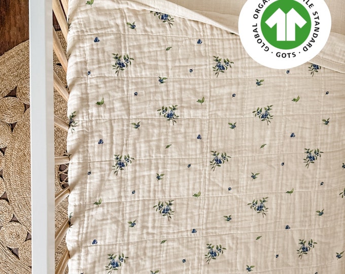 Crib & Baby Blanket, 47”x 47” 4-Layer Muslin Cotton, Certified Organic by GOTS -  Comes in a Darling Matching Backpack. Soft, Breathable.