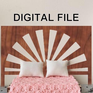 May include: A miniature bedroom set with a wooden headboard featuring a sunburst design. The bed has a pink knitted blanket and two white pillows. A gray rug with black feather patterns is in front of the bed. The text "DIGITAL FILE" is above the headboard.